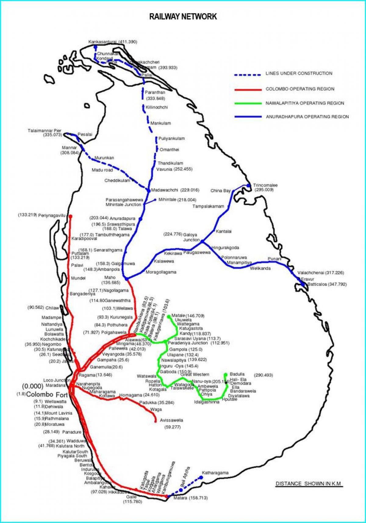 dəmir yolu marşrutu, marşrut xəritəsi, Şri-Lanka